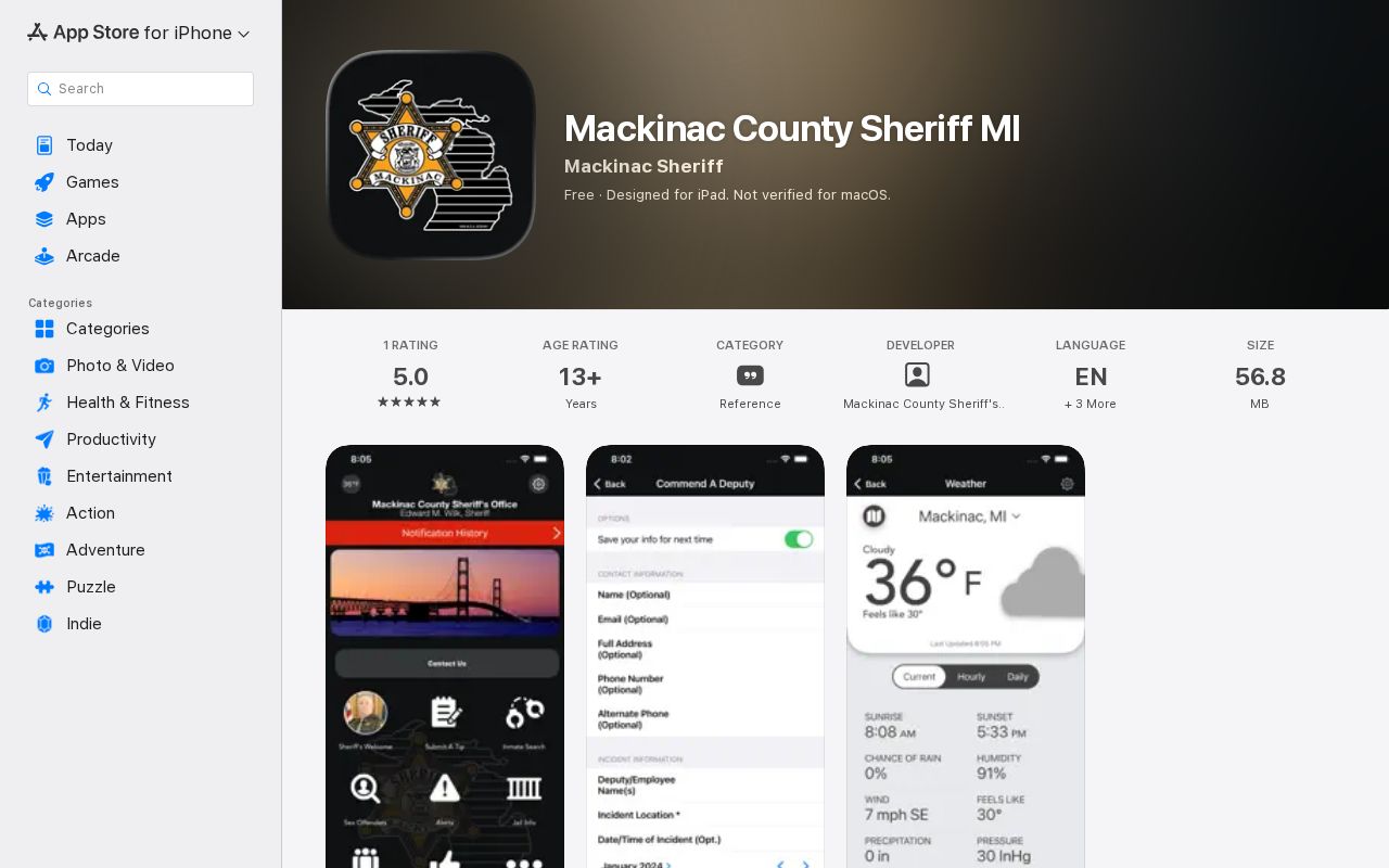 Official Mackinac County Sheriff app listing with no verified released mugshot feature
