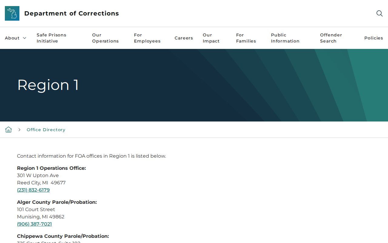 Current MDOC office directory for Mackinac County parole and probation