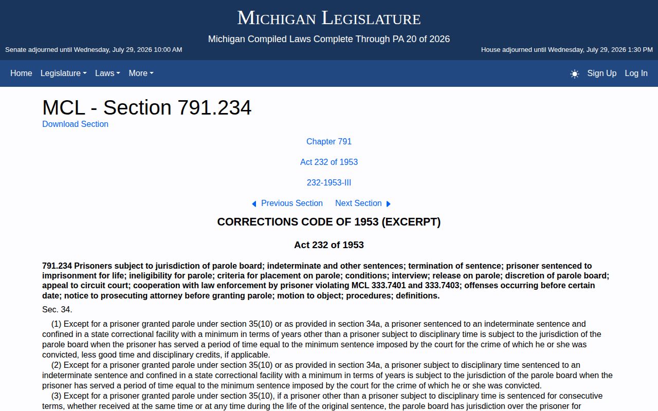 Michigan parole statute affecting Mackinac County projected release dates