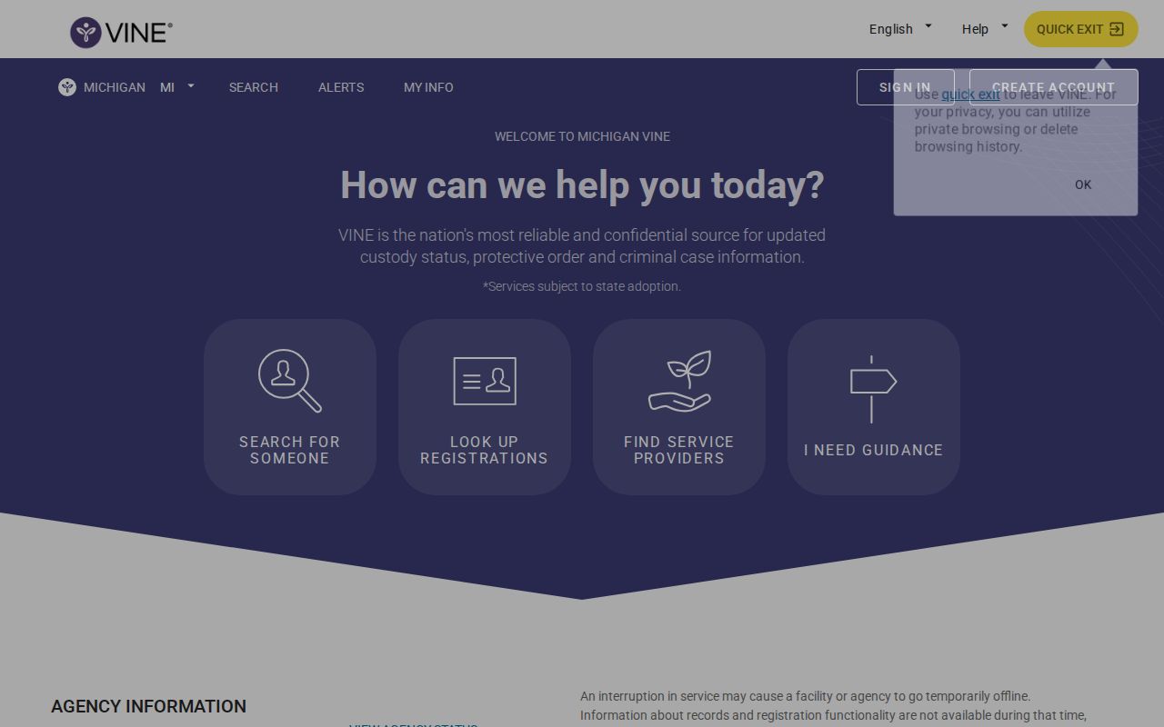 Official Michigan VINELink offender search screen